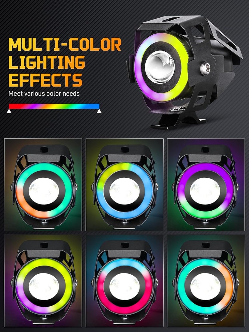 PAKRYS Motorcycle LED Fog Lights with Cutoff Line U9 Spotlight with High Low Strobe Beam Halo Rings White Central with U9 LED Running DRL Switches Clamps Universal Spotlights Driving Lights - Image 4
